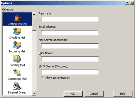 Ventana de configuración del correo electrónico