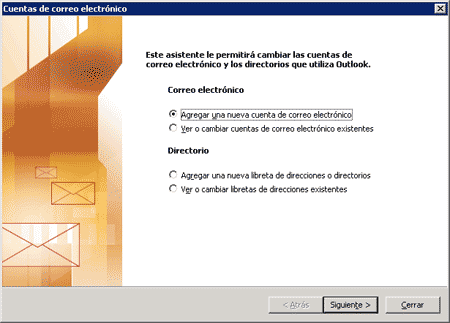 Ventana inicial del asistente para agregar cuentas de correo electónico